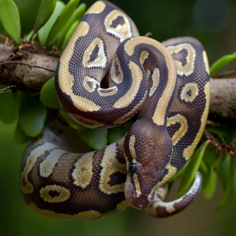 ball phyton with beautiful skin pattern coiled around tree branch 1